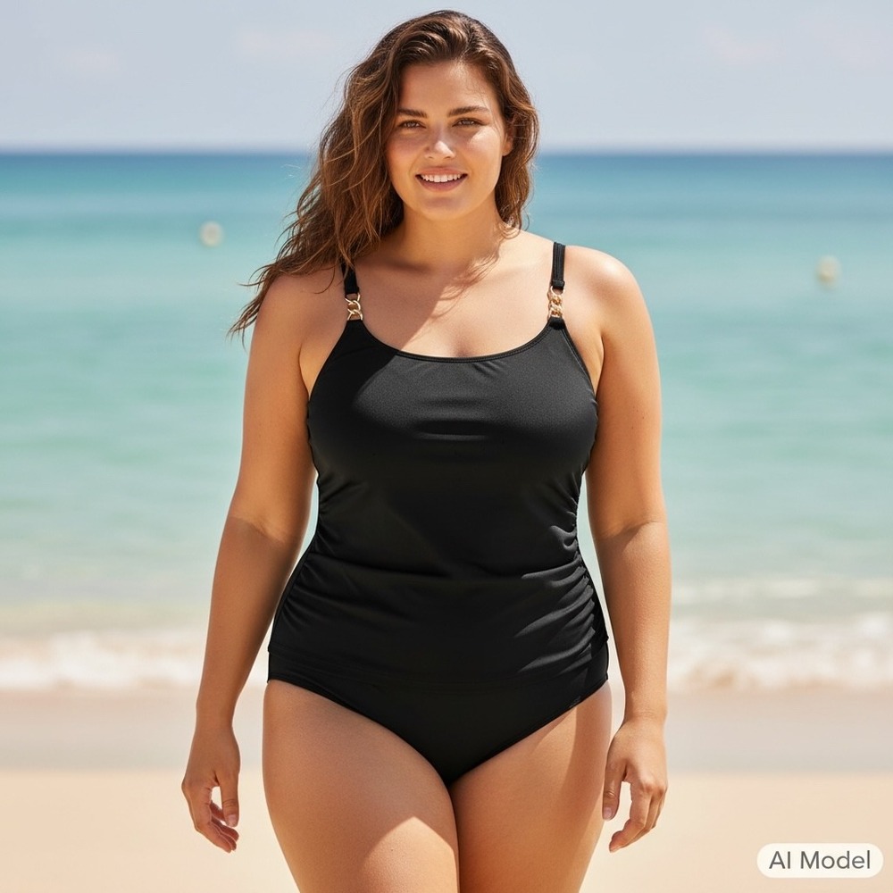 Aqua Couture One-Piece Swimsuit Women 1X Black Chain Scoop Neck Ruched AQCH01X4